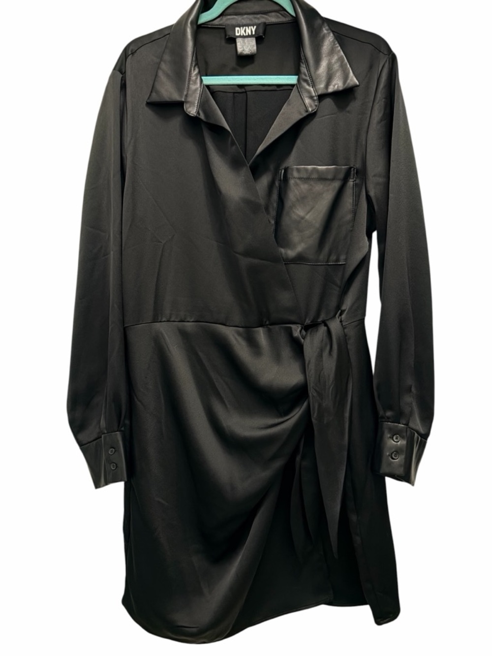 DKNY Black Faux-Leather Trim Wrap Dress Like New XL